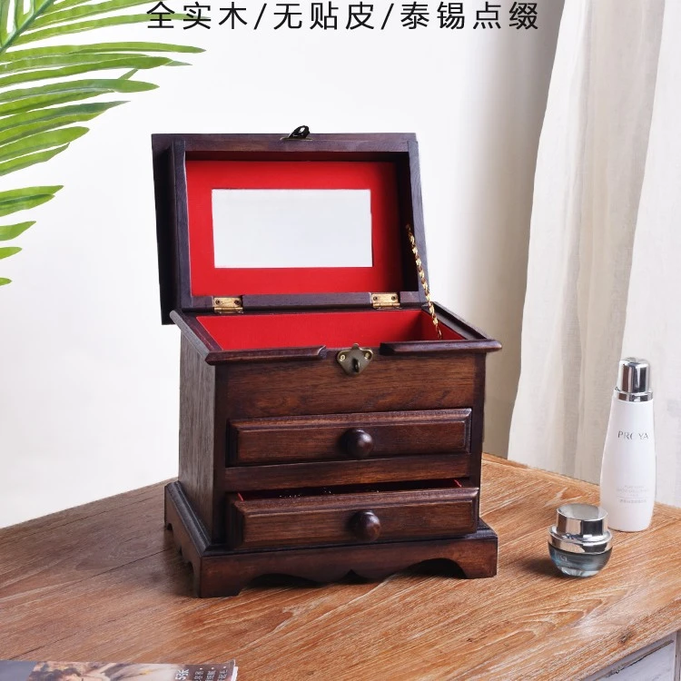 班塔外实木首饰盒古典中式带锁多层饰品收纳盒带镜复古轻奢珠宝盒