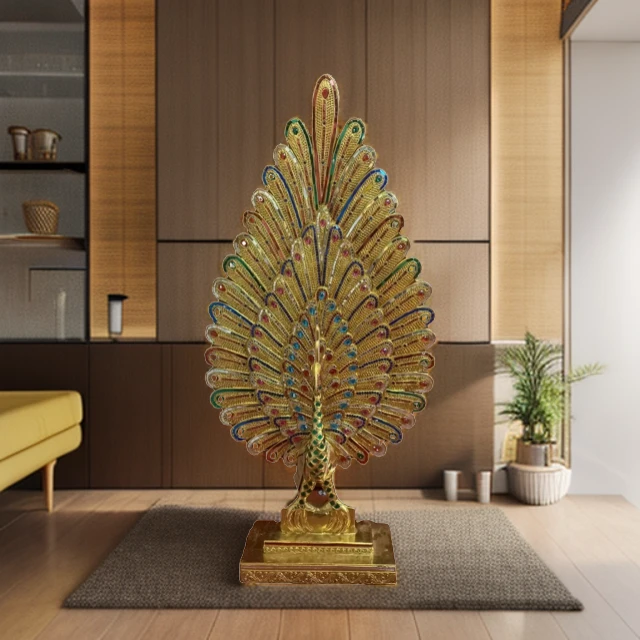 班塔外手工掐丝琉璃金箔工艺孔雀摆件玄关设计摆件描金孔雀摆件品