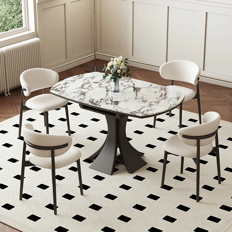 奶油风大理石餐桌家用小户型可变圆桌方圆两用伸缩白蜡木实木饭桌