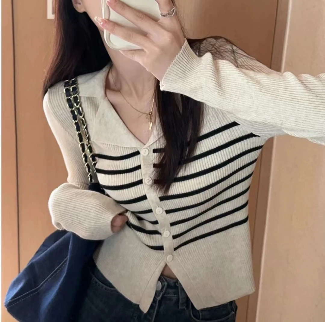 （1005）2023新款大码女装秋针织开衫女经典法式小翻领条纹温柔上衣
