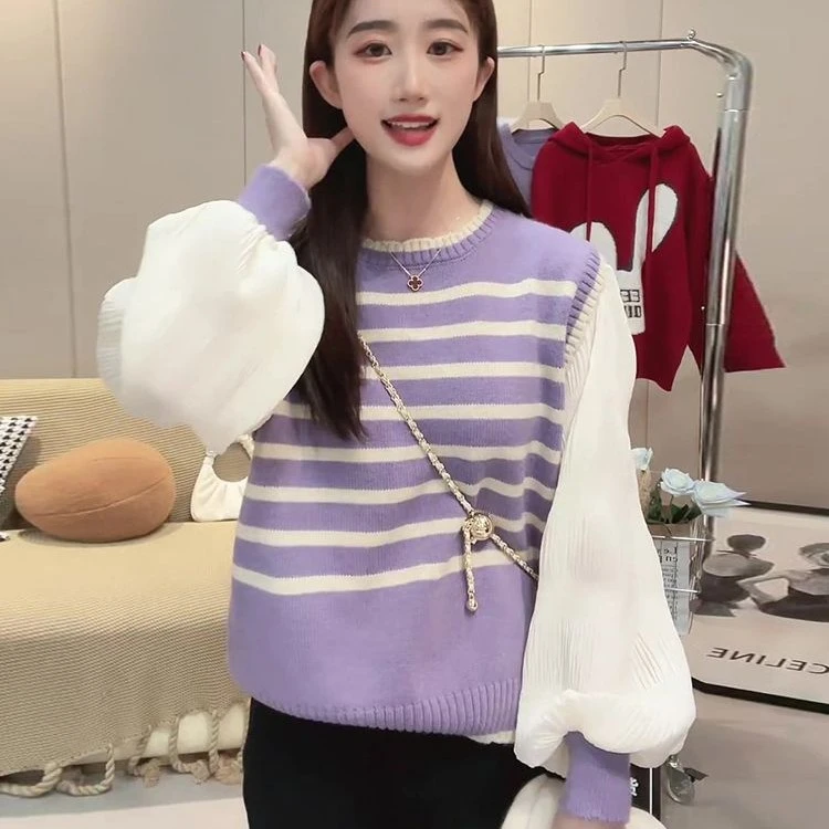 （815）早春秋新款大码女装假两件条纹毛衣女长袖针织衫撞色上衣