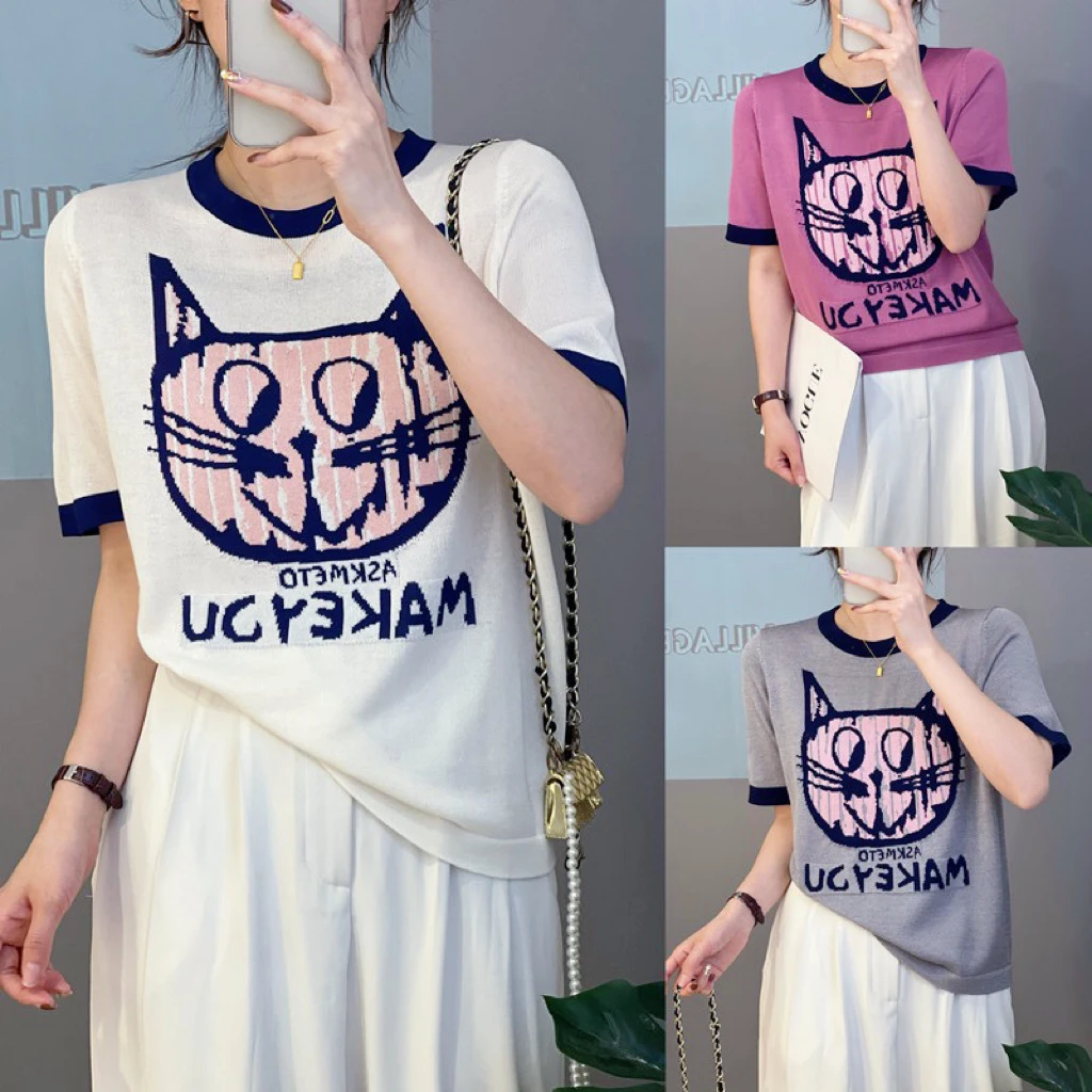 【陈11定制】 618清仓现货 新款短袖上衣女宽松显瘦冰丝针织衫