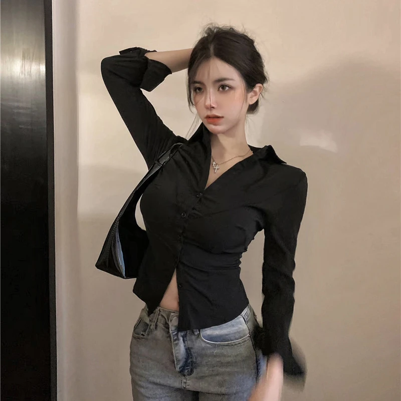 纯欲辣妹性感深v修身紧身收腰显瘦黑色白色衬衫女夜场酒吧工作服