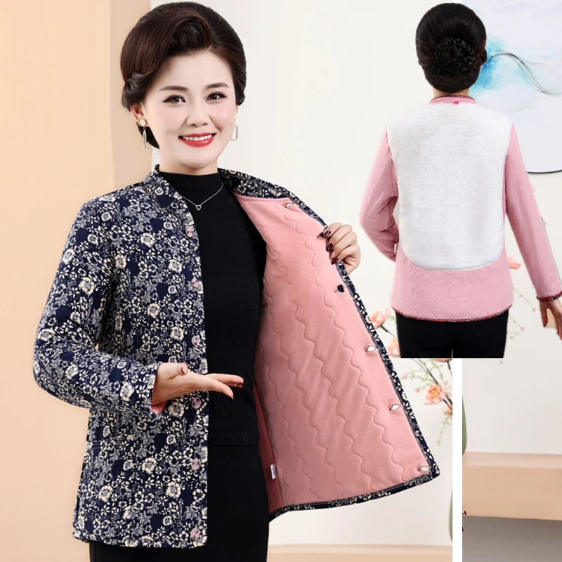 妈妈装秋冬驼绒棉衣后背仿兔毛加绒棉袄中老年人女装过冬保暖棉服