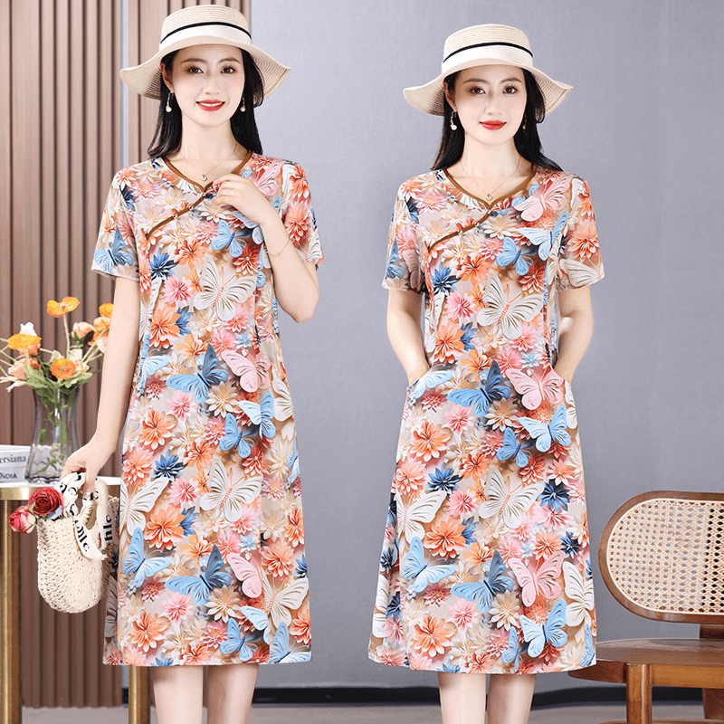 中年妈妈棉绸连衣裙2024夏季新款Z时尚洋气短袖中长款有口袋裙子