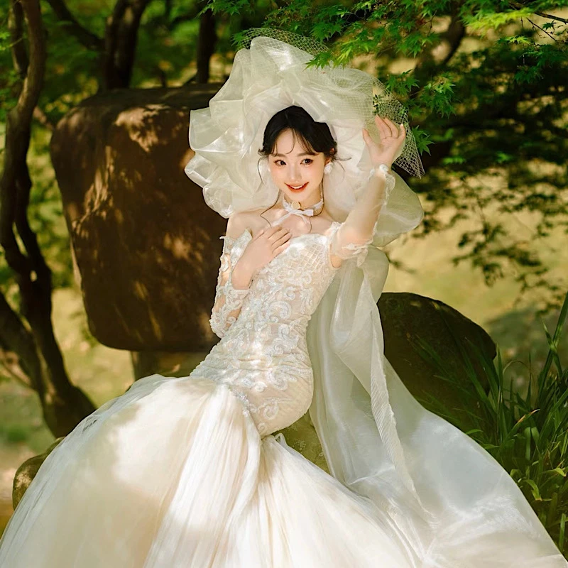 新娘大云朵礼帽子拖尾头纱婚纱摄影旅拍头饰法式森系写真道具教程