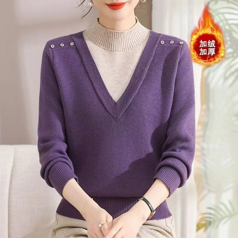 秋冬简约百搭半高领假两件加绒保暖中老年针织妈妈装打底上衣8883