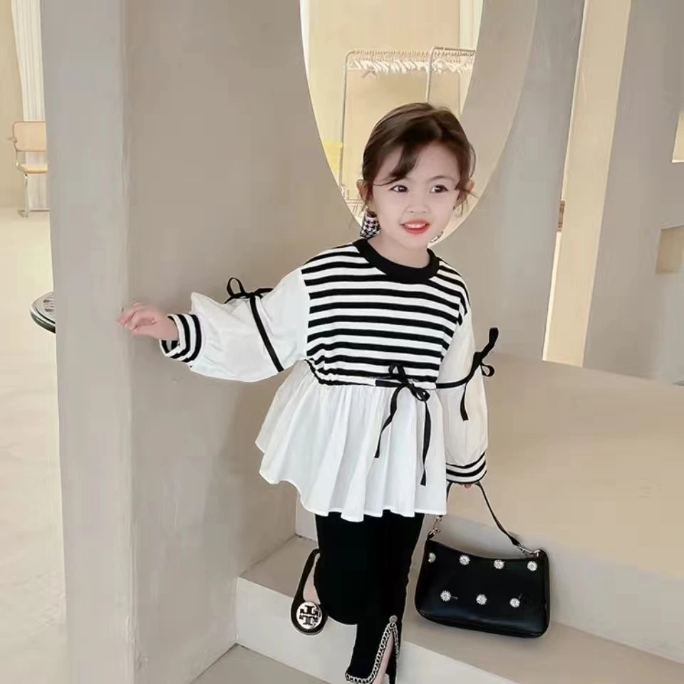 女童春装条纹衬衫2022新款女童娃娃衫女宝韩版上衣女童拼接衬衫潮