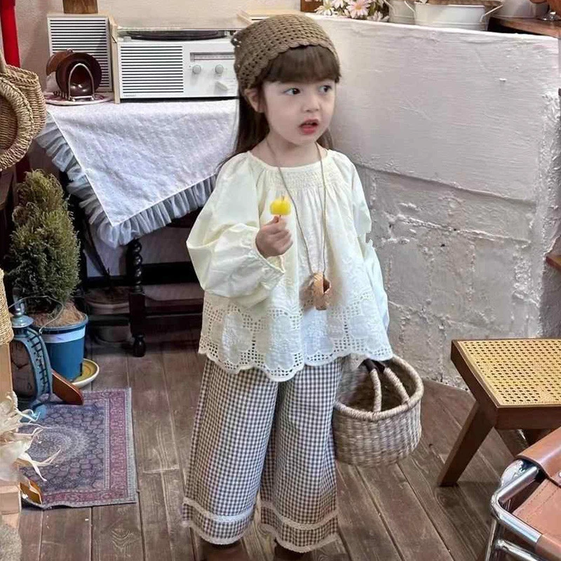 圆子妈女童森系套装秋季新款2024洋气儿童蕾丝花边衬衫儿童衣服