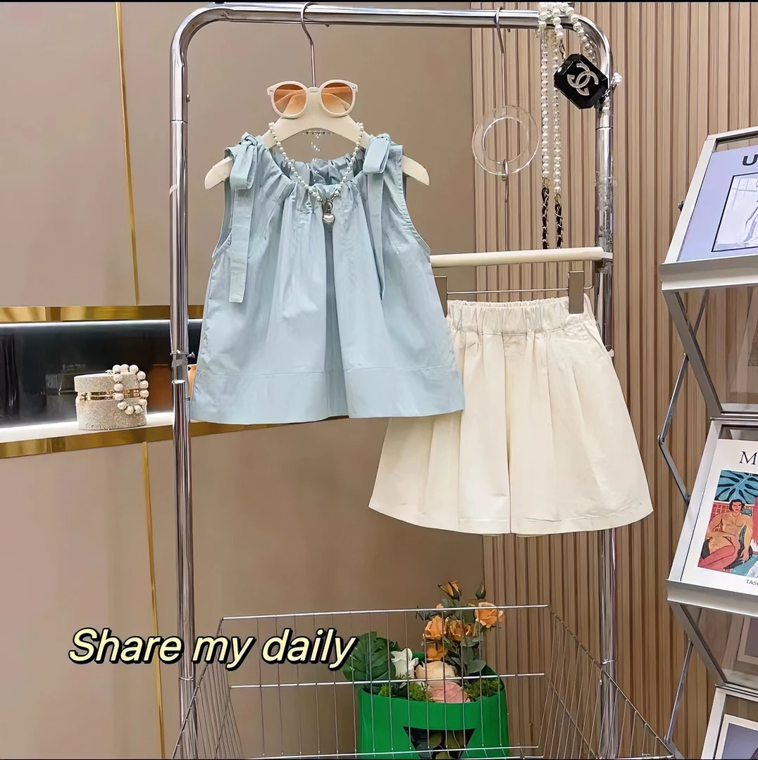 女童吊带背心外穿2024新款儿童洋气系带蓝色无袖上衣夏装小孩衣服