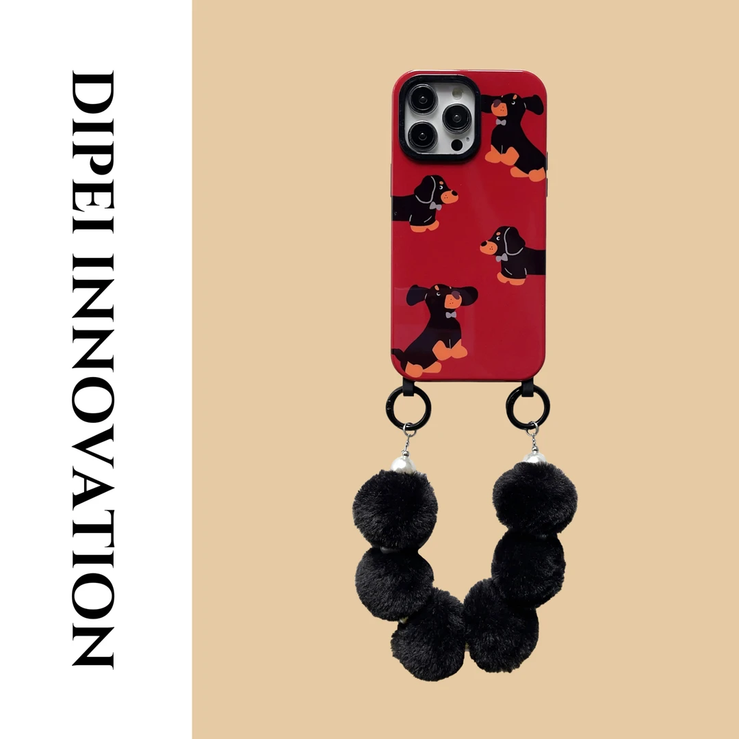 ins高级感酒红菲林双挂斜挎手机壳14Promax时尚毛绒适用iPhone13