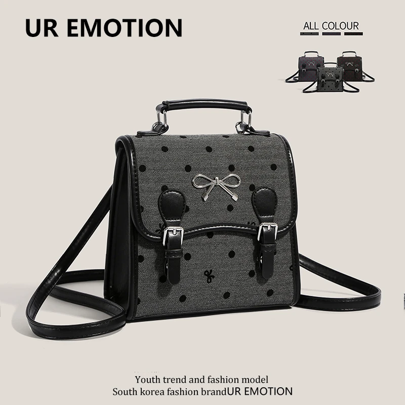 UR EMOTION学院风蝴蝶结波点小双肩背包2024新款单肩斜挎包包女