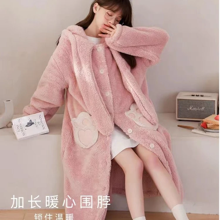 加绒加厚秋冬学生睡衣爆款新款睡冬季2023可外穿甜美长款浴袍连帽