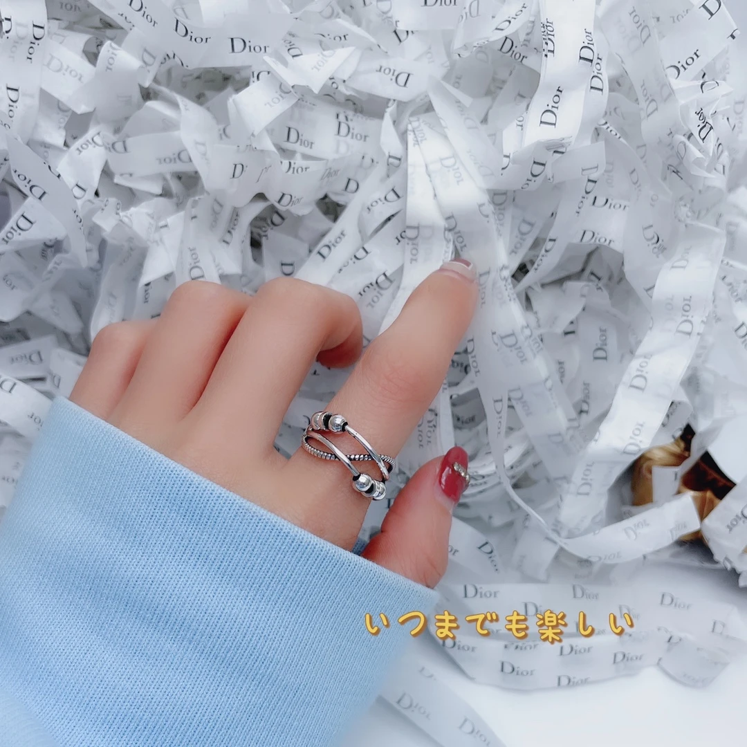 925银戒指 时尚百搭做旧s925银（交叉转动珠珠）开口可调戒指轻奢
