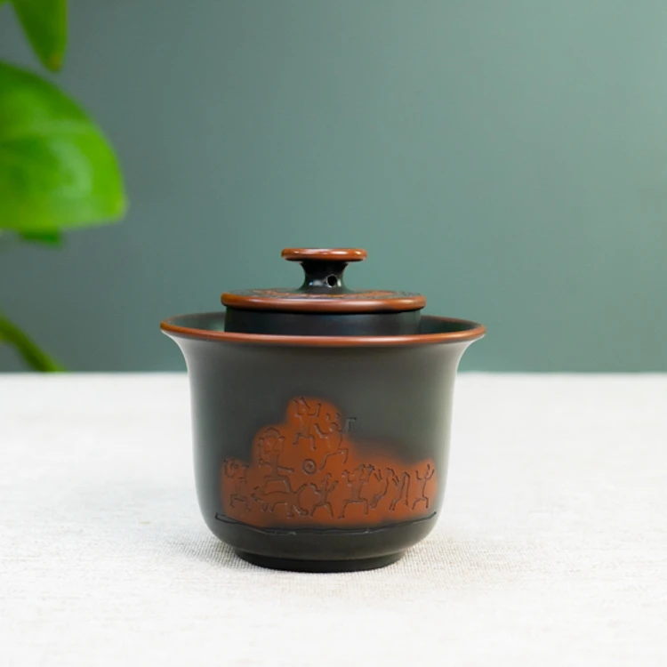 花山壁画 不烫手专业盖碗手抓壶 坭兴陶手工陶瓷茶具复古中式茶具