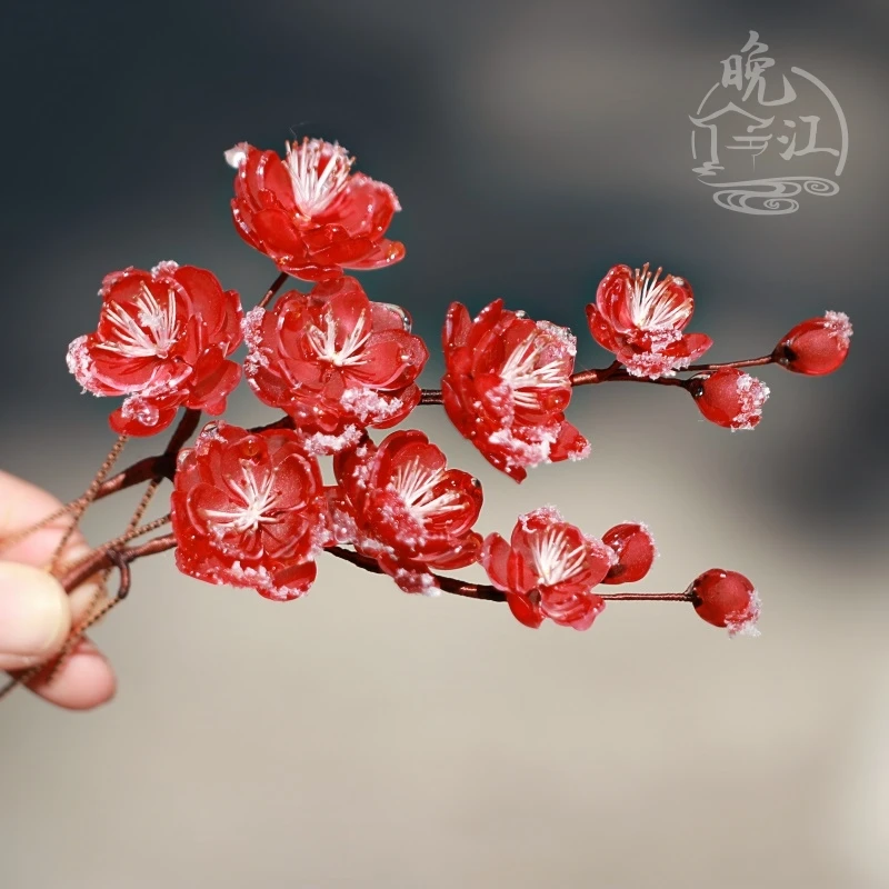 红梅 热缩花簪汉服发饰盘发发簪步摇古风头饰u型发钗簪子配饰钗子