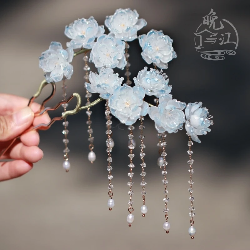 小蓝 热缩花簪汉服发饰珍珠发簪盘发古风头饰步摇流苏簪子发钗u型