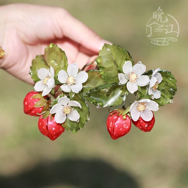 草莓 热缩花簪竹子发簪u型步摇简约日常现代钗子古风发饰汉服头饰