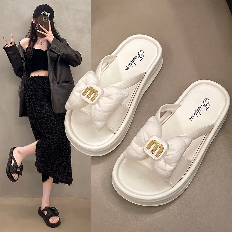 X724新款网格蝴蝶结夏季外穿时尚百搭松糕一字拖鞋女