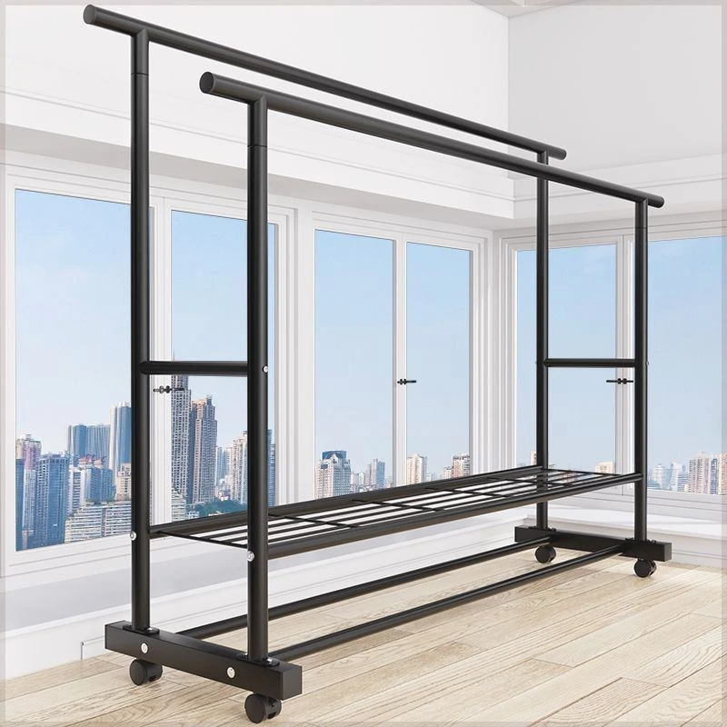 加粗加厚简易衣架落地立式家用卧室阳台挂衣架双排衣杆移动晾衣杆