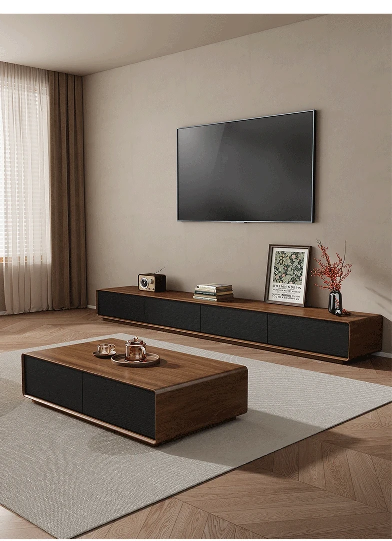 北美胡桃木色中古风复古风实木落地电视柜茶几小户型客厅简约现代