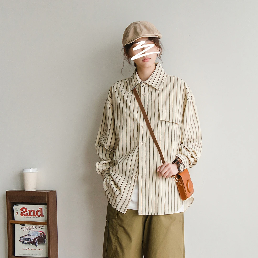 苏打汽水工作室春秋复古条纹灯芯绒长袖衬衫日系男女青春百搭衬衣