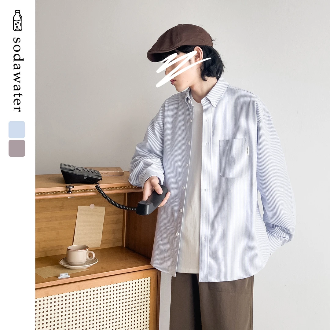 苏打汽水工作室日系春秋时尚条纹长袖衬衫男女款宽松休闲衬衣外套