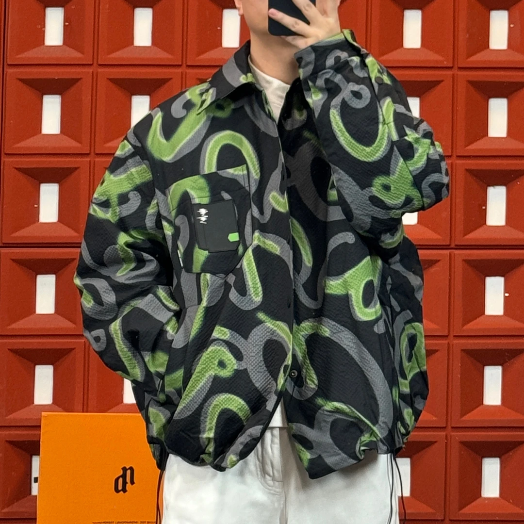 2024HKNB冬季新复古港风印花时尚休闲潮流迷彩满印阔版情侣羽绒服