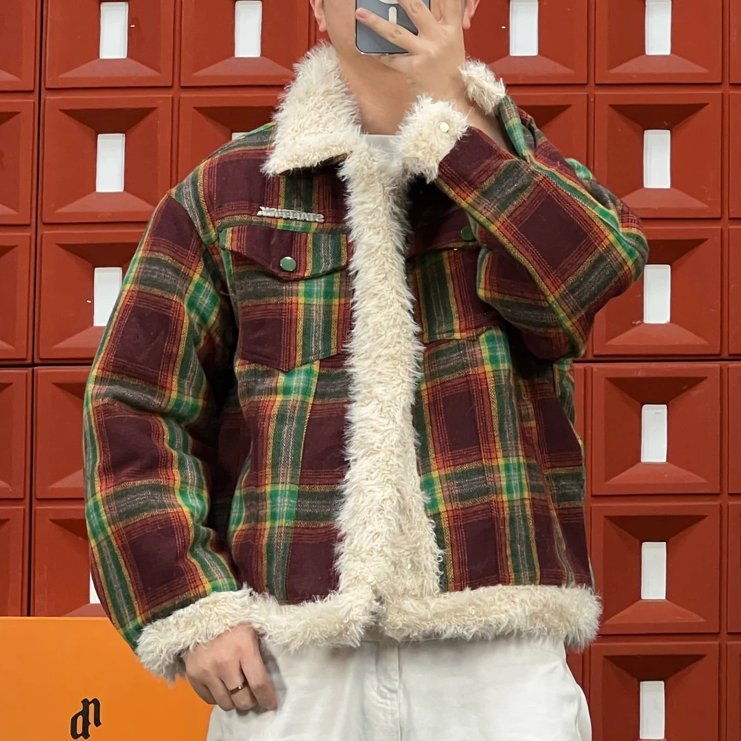 2024HKNB「冬季棉服」经典复古格子小香风毛绒呢子拼接时尚休闲夹克