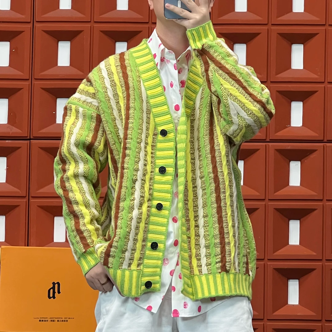 2024HKNB秋冬设计师潮流宽松多彩针织撞色保暖港风麻花毛衣开衫