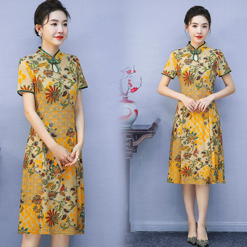夏季连衣裙中年妈妈装大码2024新款短袖改良旗袍中长款复古裙子