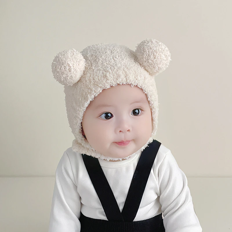 可爱球球婴幼儿系带帽秋冬季保暖胎帽男宝宝护耳女童防风毛绒帽潮