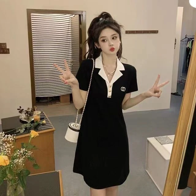 【24小时内发货】胖MM大码polo连衣裙夏季A字收腰显瘦学院风裙1172