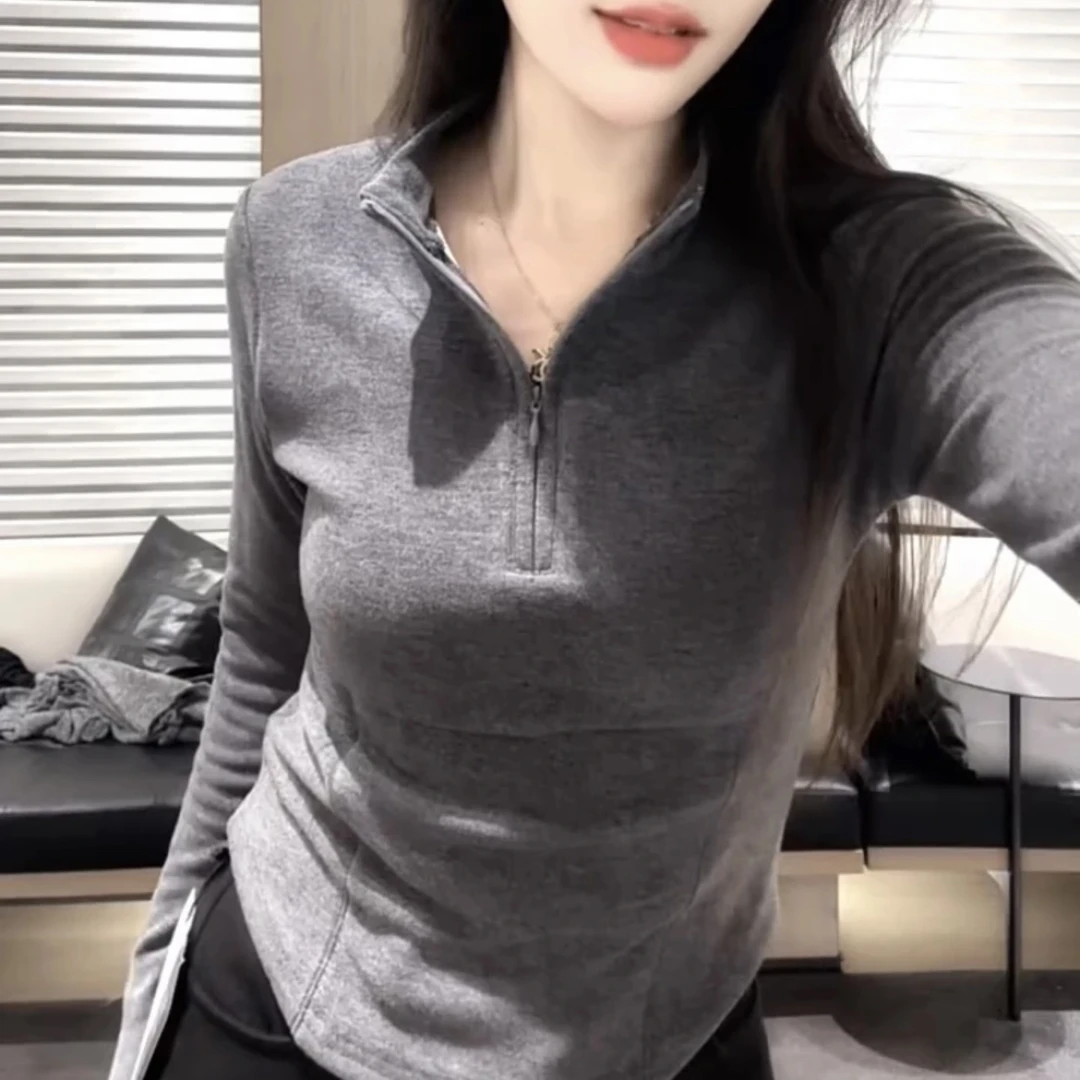 韩版休闲运动风长袖T恤女2024冬季新款半拉链高领修身显瘦小上衣