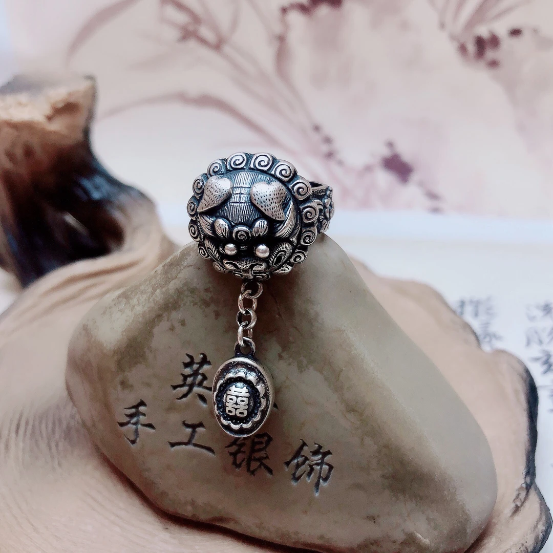 足银戒指 英英手工錾刻戒指个性复古做旧