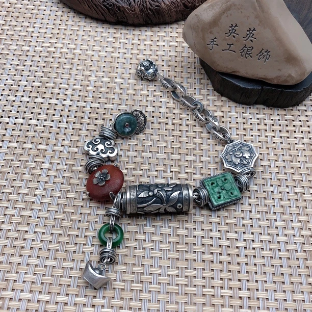 925银手链 手工錾刻银手链套装