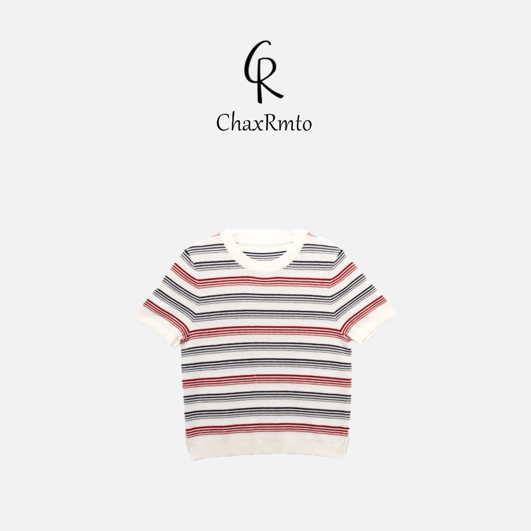 ChaxRmto ‘描绘’时尚撞色条纹宽松圆领短袖针织上衣 SC1B0675