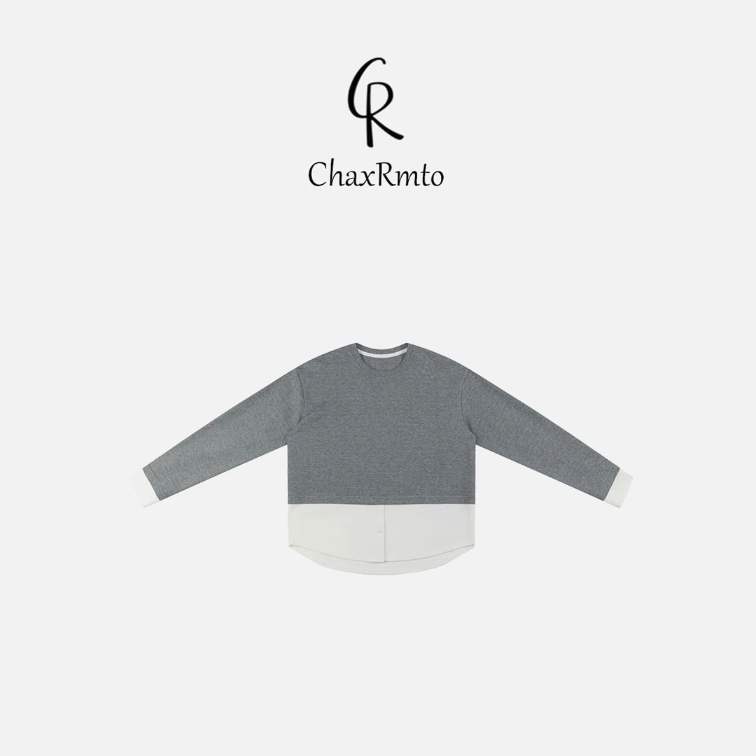 ChaxRmto 早春假两件休闲拼接下摆长袖T恤拼色衬衫 斯斯NC1C0311