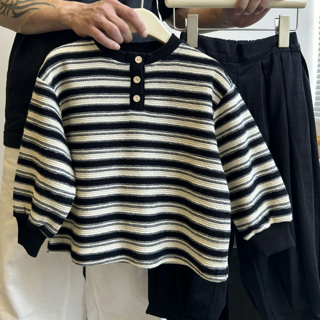 2025春季新款女童卫衣男童洋气长袖条纹T恤韩版儿童时尚洋气上衣t