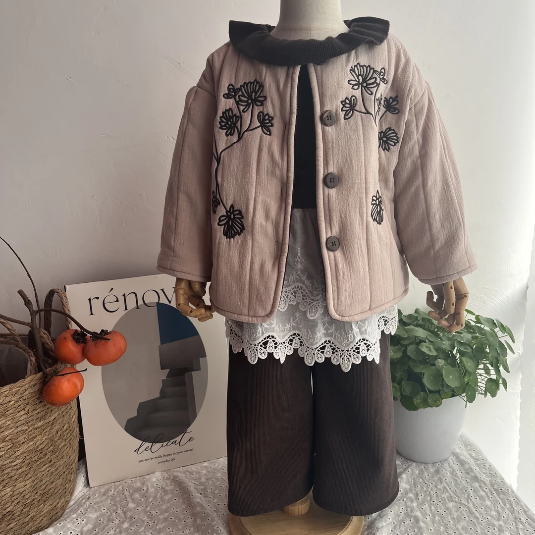 韩系童装女童2024冬季新款刺绣夹棉外套女宝加绒假两件直筒裤加厚