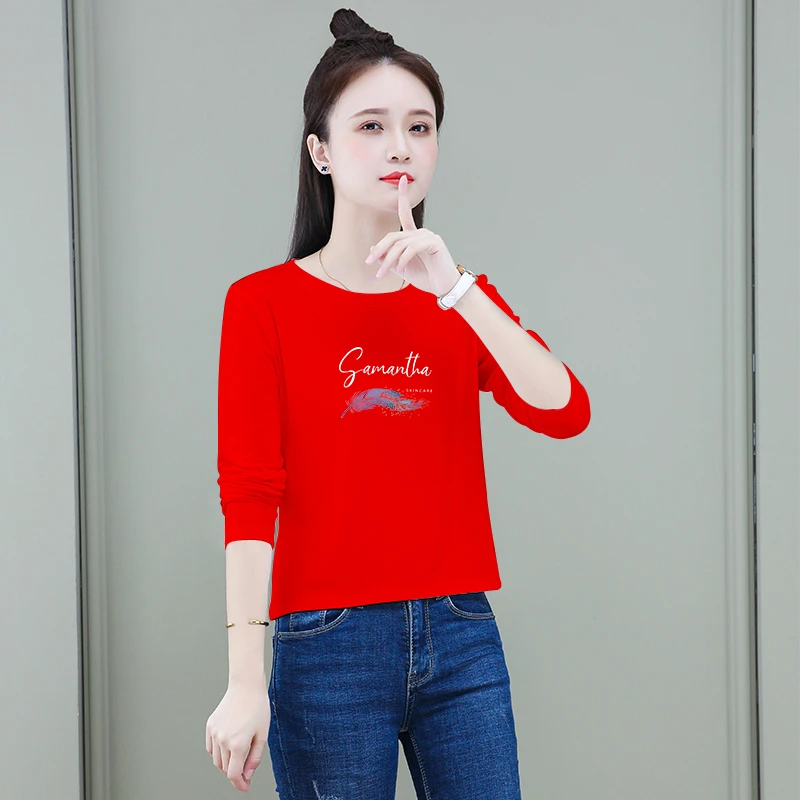 红色长袖t恤女2025新款春秋内搭打底小衫短款高腰圆领设计感上衣