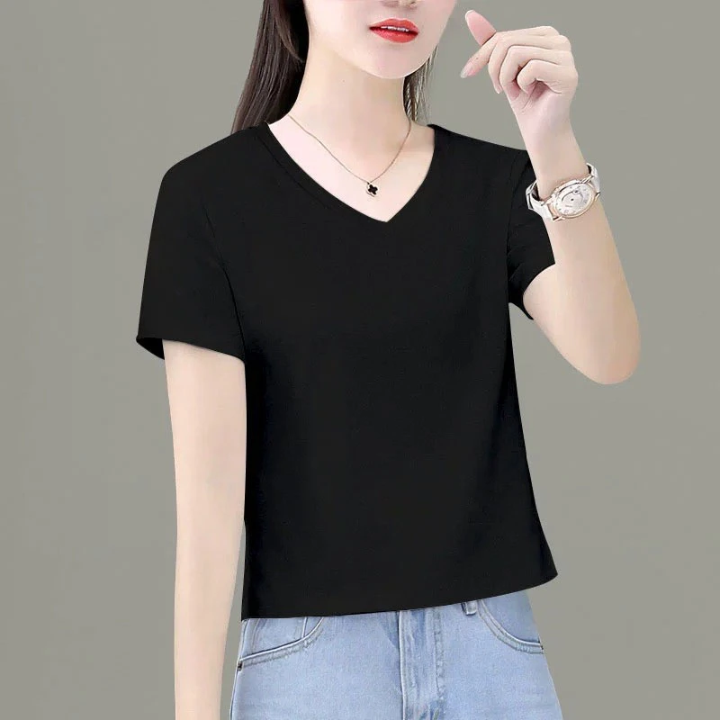 黑色短袖t恤女小个子2025年新款夏季宽松显瘦V领短款鸡心领上衣