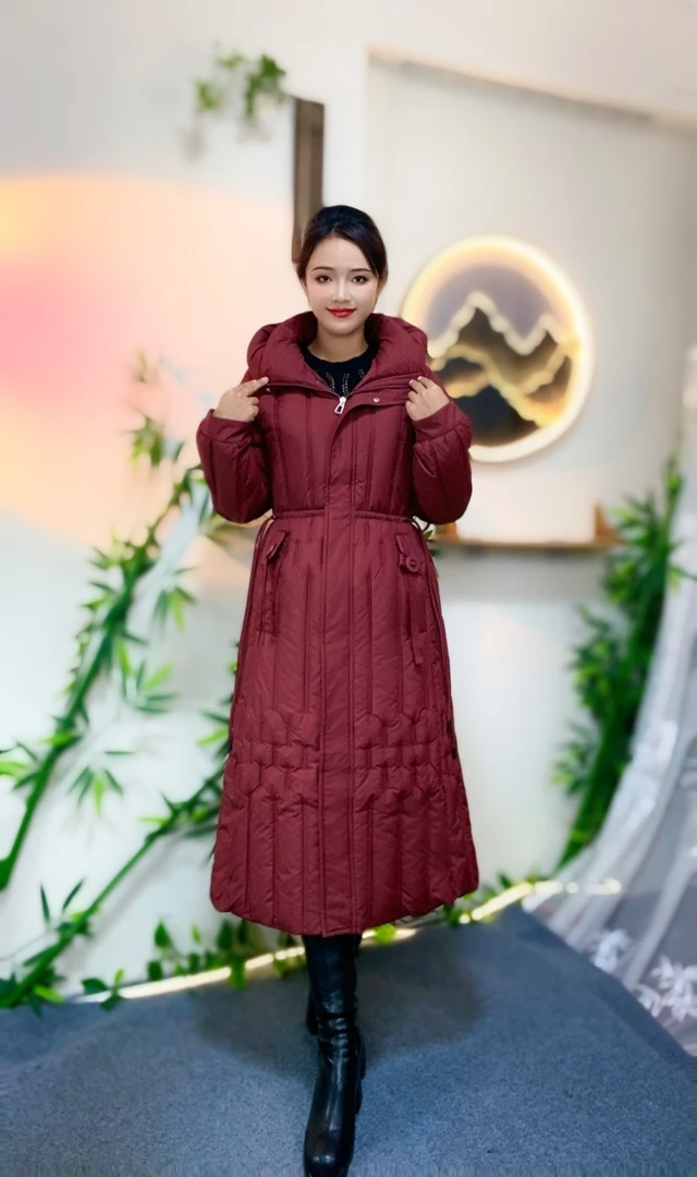 2408款大码显瘦腰抽绳过膝加厚长款连帽保暖棉服