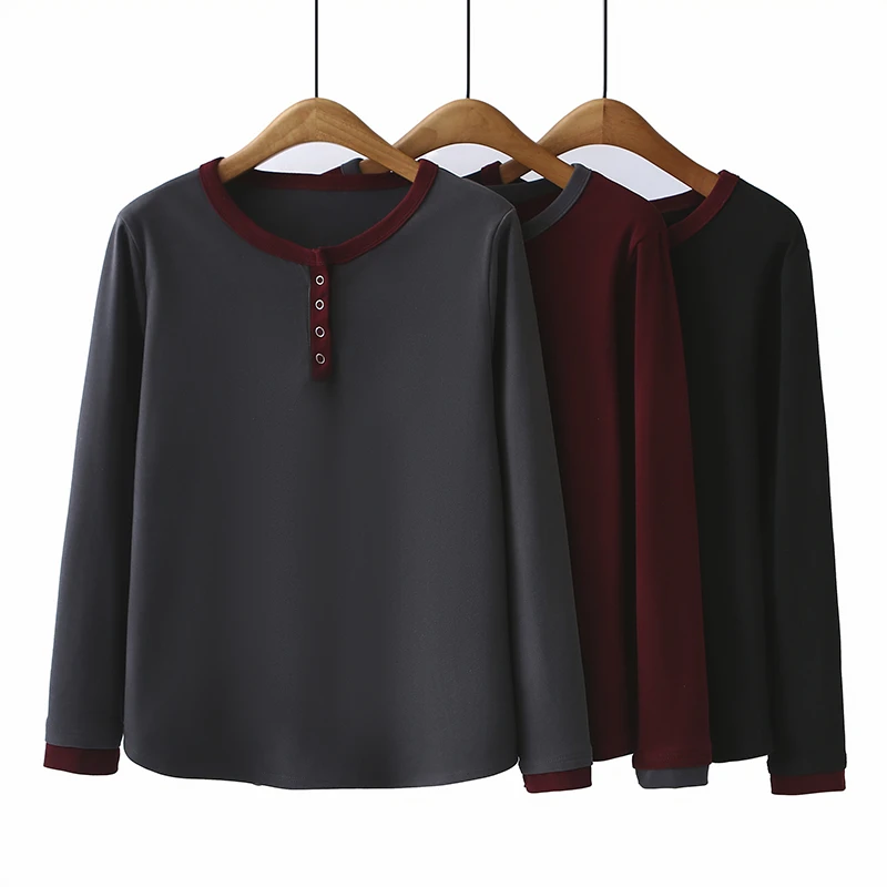 110-200斤大码女装冬款正肩撞色圆领半开襟长袖暖绒打底衫女上衣