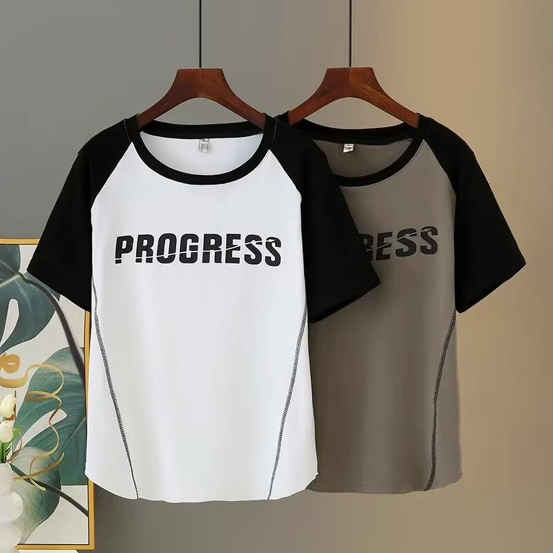 110-200斤大码女装夏季正肩撞色字母印花圆领短袖T恤宽松弹力上衣