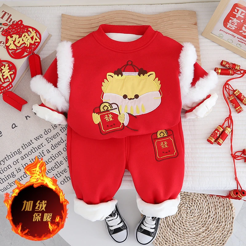 儿童唐装加绒加厚款男童秋冬款古装中国风龙年拜年服女童年服套装