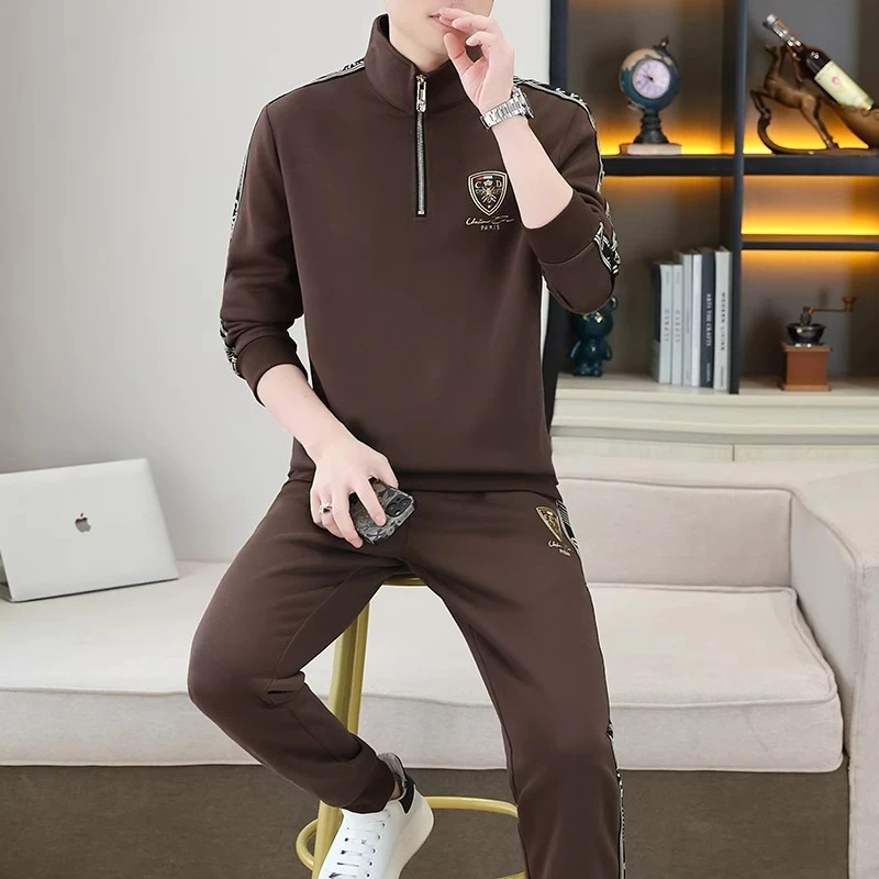 欧洲站休闲套装男2025秋冬韩版潮流男士半拉链加绒加厚卫衣两件套