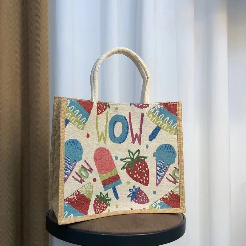 百搭麻布手提包手拎包女上班大容量托特包学生便携时尚绣花休闲