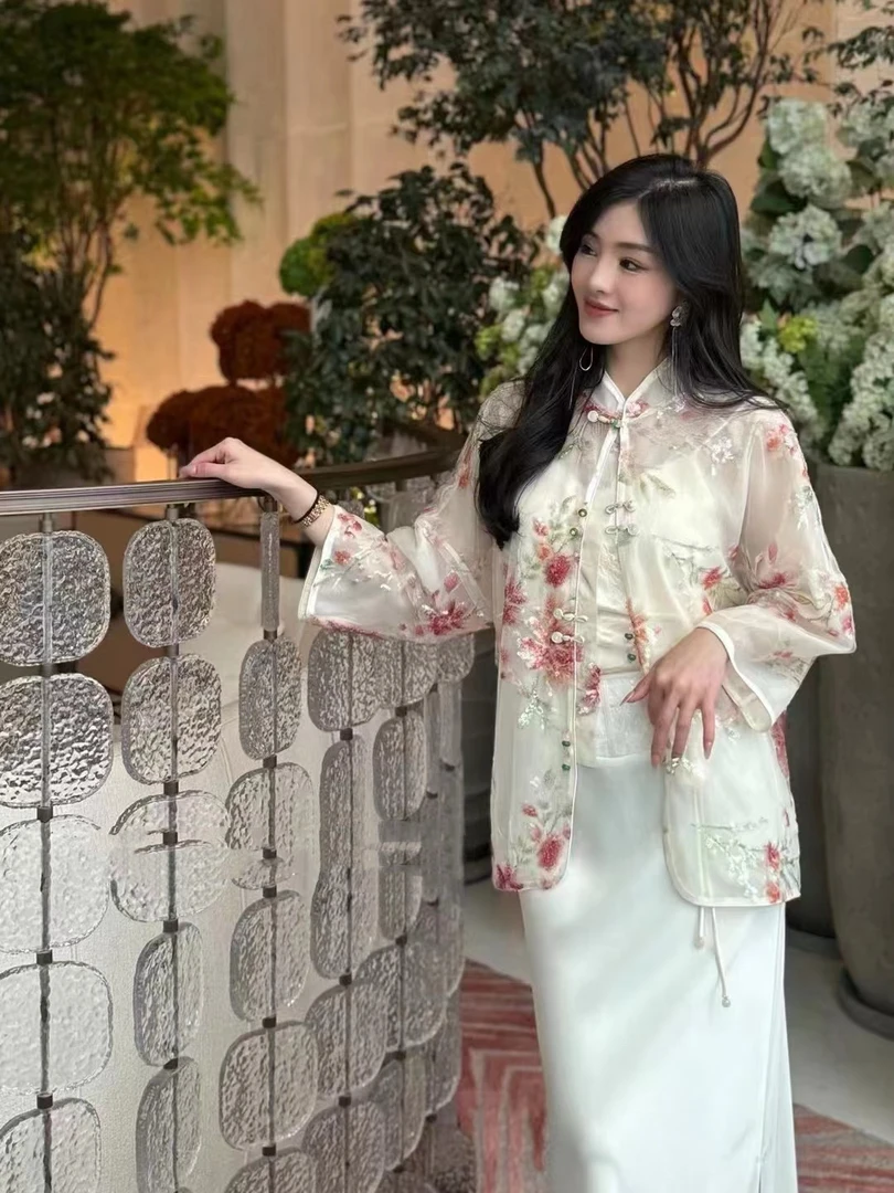 28273夏重工亮片花朵设计薄款防晒衫宽松外套女V+