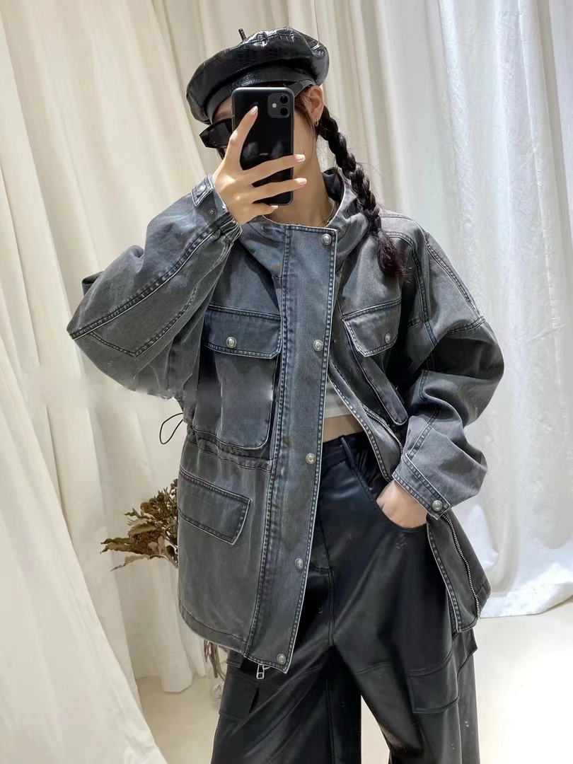 8949 复古重工慵懒感工装外套女秋季新款水洗做旧宽松上衣外套HE